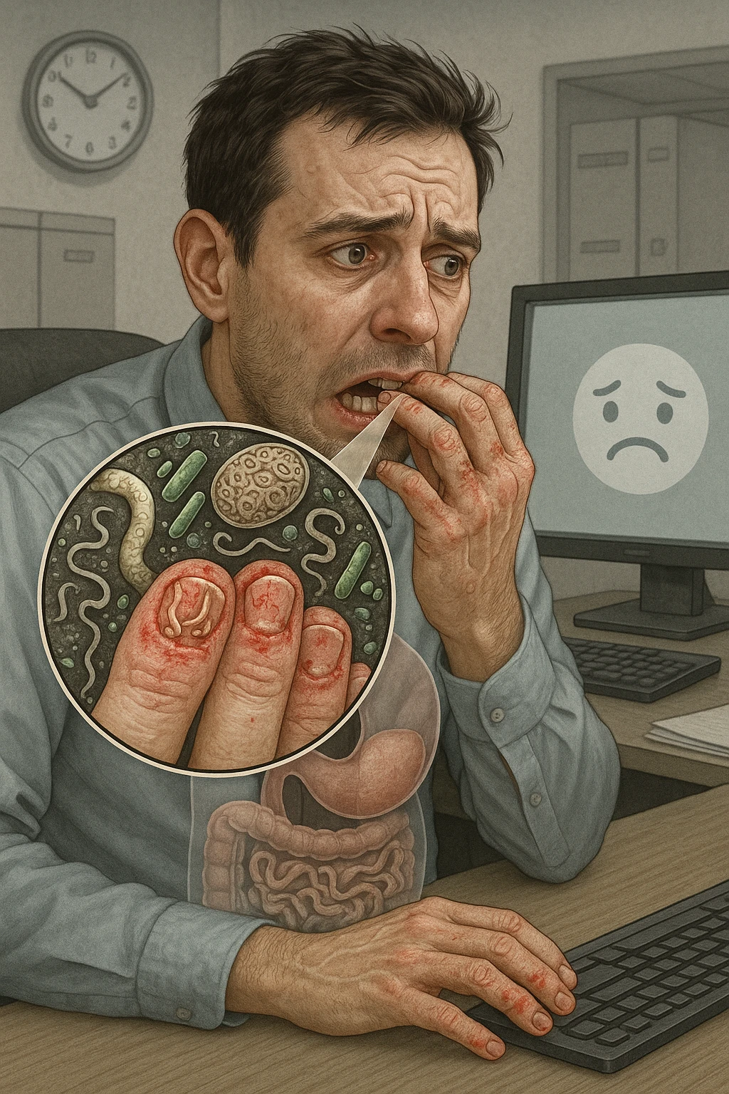 Anxious man at office desk unconsciously biting fingernails, microscopic overlay showing parasitic eggs and bacteria concentrated under nail beds, worms and microorganisms being consumed with each bite, expression of nervous habit unaware of contamination, computer screen reflecting his stress while he infects himself, fingertips raw and bleeding from chronic nail-biting, invisible parasite colonies entering his digestive system emoji