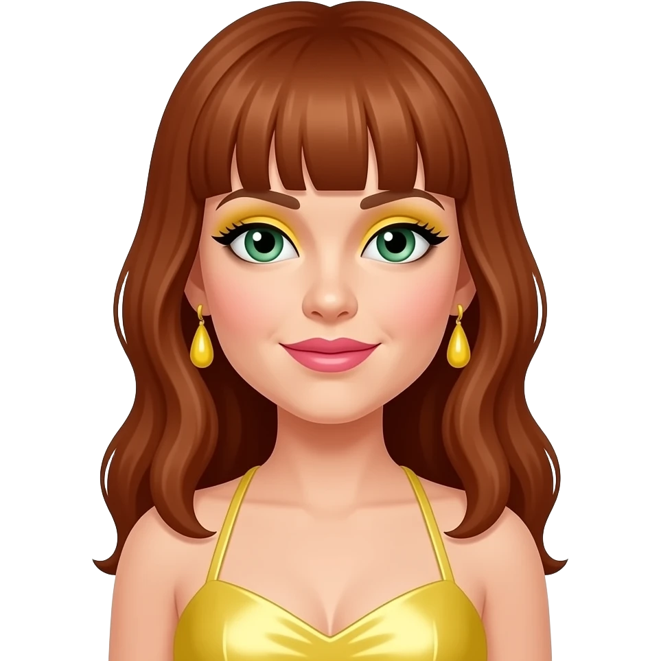 Anni-Frid Lyngstad from ABBA with green eyes, long reddish brown hair with bang, yellow eyeshadow, pink lipstick, light yellow metallic halter dress, yellow earrings emoji