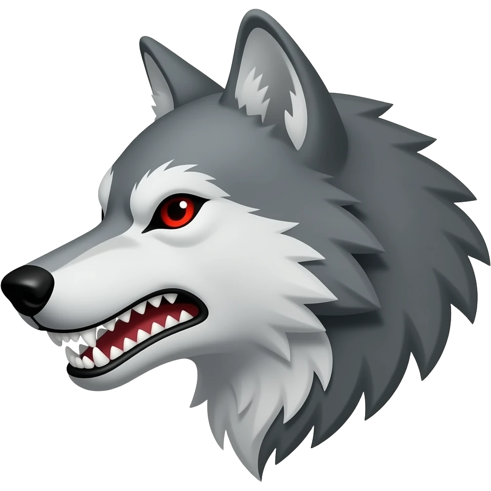 Angry gray wolf with visible red eye only face teeth barred side profile emoji