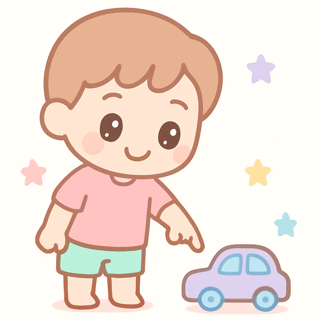 a boy pointing down at his toy, colorful illustration style emoji