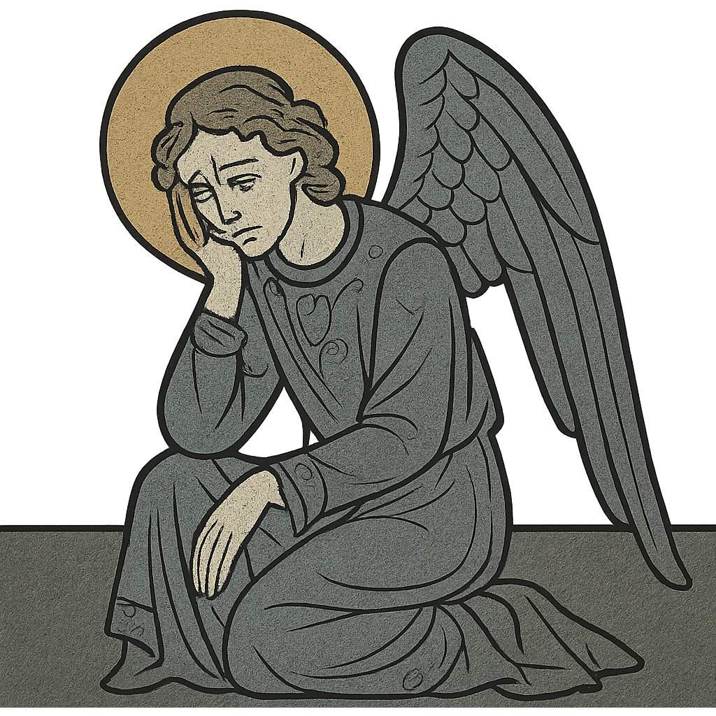 A fallen angel with sorrowful expression, dark and haunting background, tragic style emoji