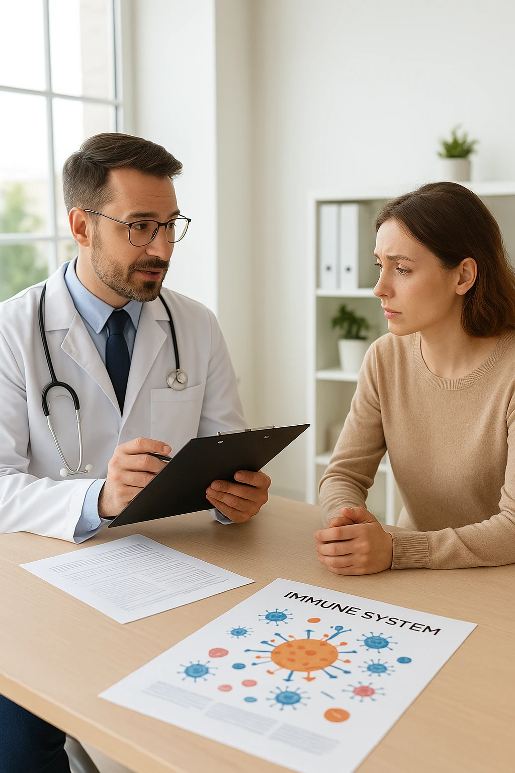 a doctor sits across from a patient in a bright, modern medical office. The doctor holds a clipboard and gently explains the diagnosis, while the patient listens with a concerned but attentive expression. On the desk, there are medical charts and a diagram of the immune system. The mood is empathetic and professional. emoji