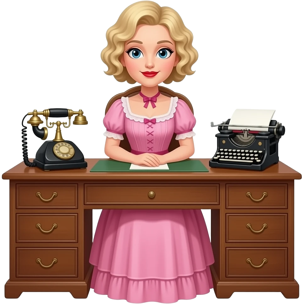 short blonde curly pixie bob hair in a 1800 pink dress sitting down an antique desk, antique phone, and antique typewriter with red lipstick emoji