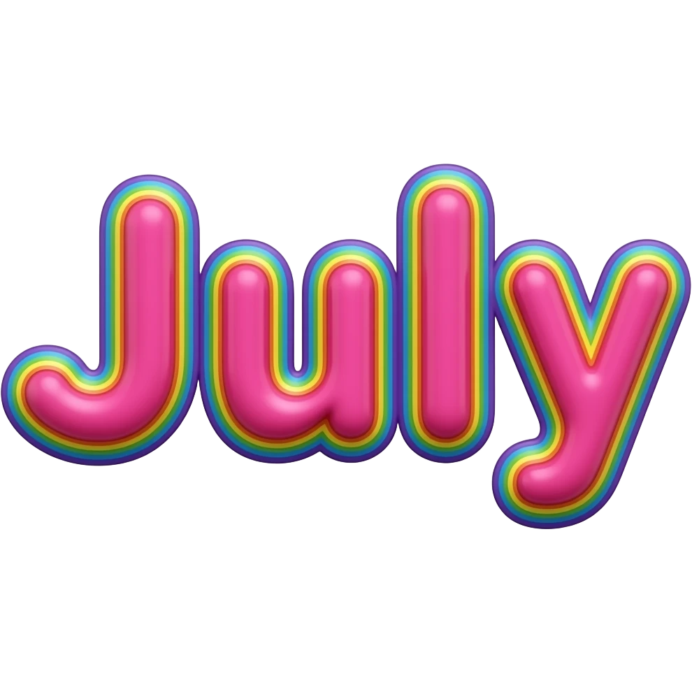 name "July" in Hot pink, 3D style typography lettering, each color of the rainbow as a border outlined around each letter, isolated, 3d rendering, no emoji icons no emoji faces and must have no human figures emoji