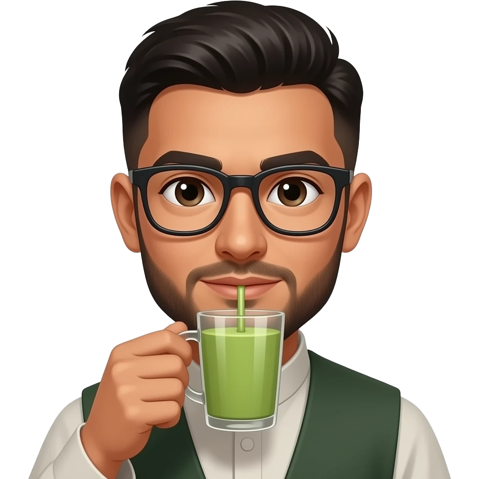 Afghan man with tan skin and glasses and buzz cut drinking matcha emoji