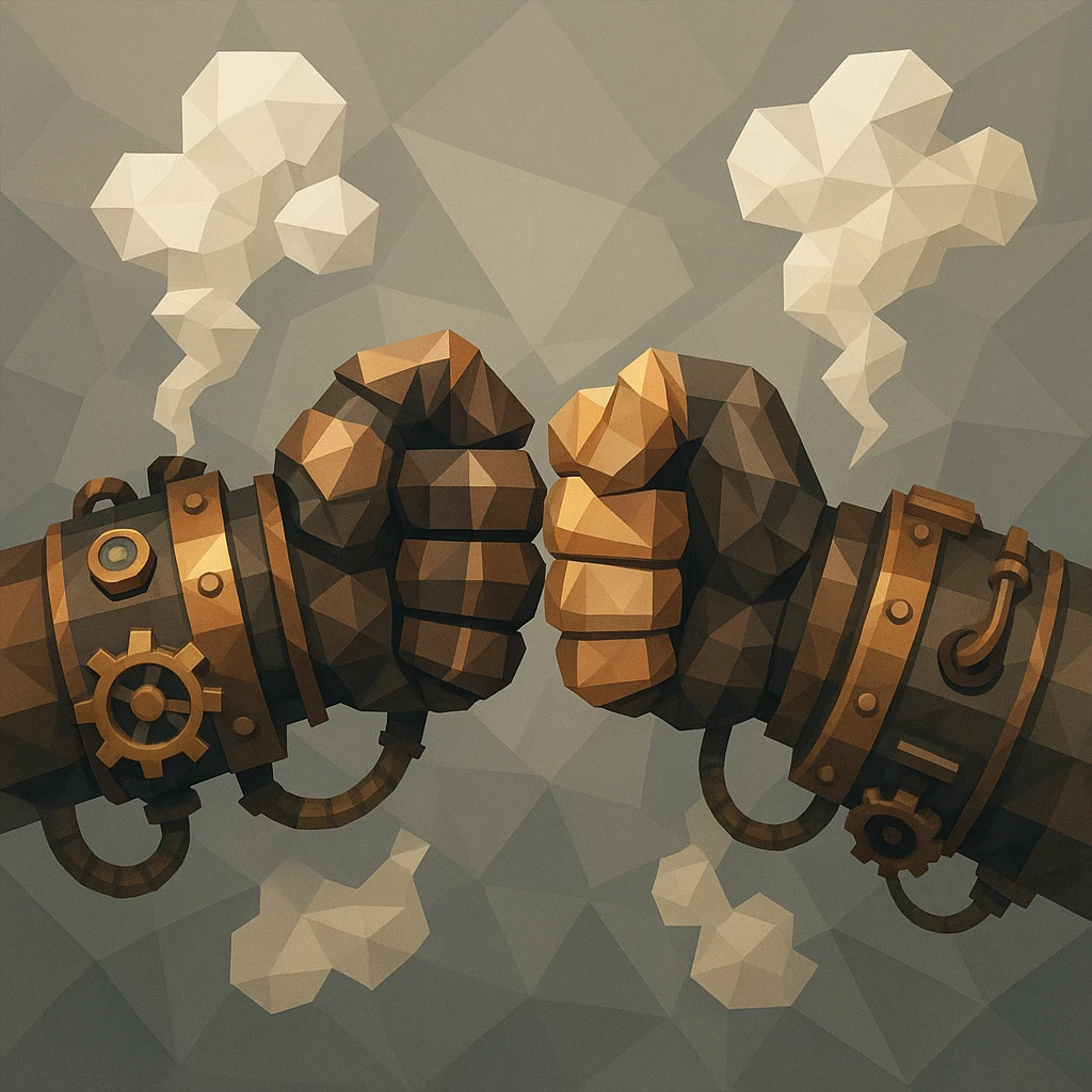 fist bump between two hands with steampunk gauntlets, steam and gear accents, retro-futuristic style emoji