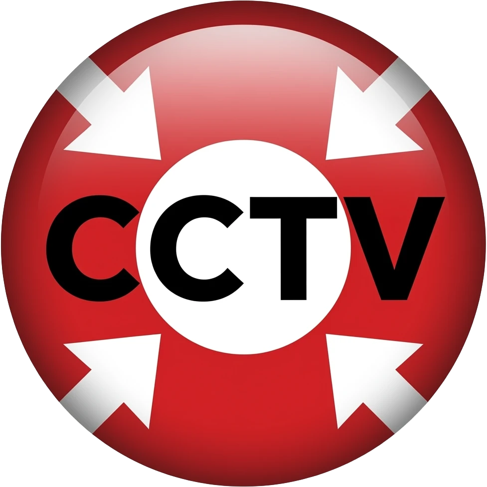 Red filled circle with white X and arrow on all end points on the X white circle in the middle. Biggest CCTV word in the centre in black emoji