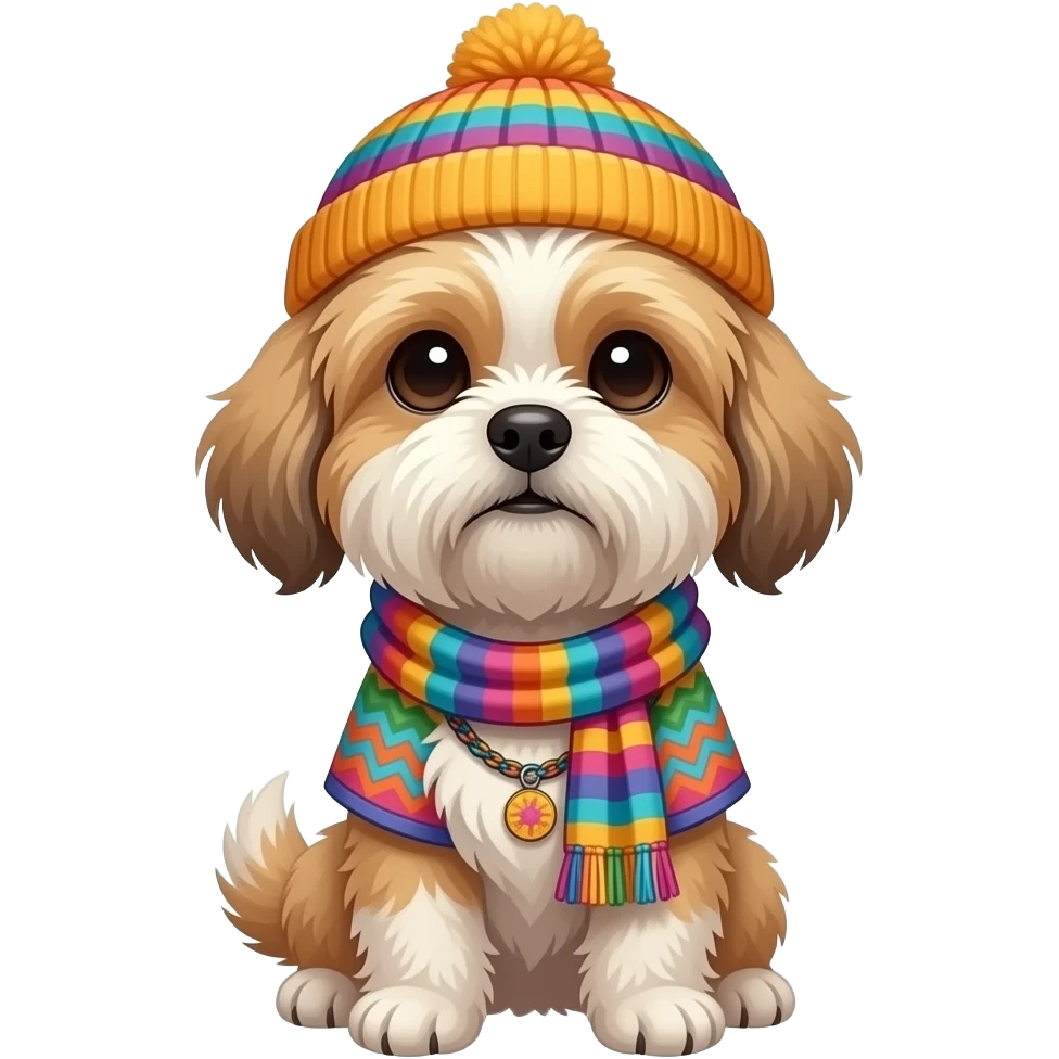 hippy shitzu dog with loose colourful hippy dress, scarf, beanie, front facing emoji