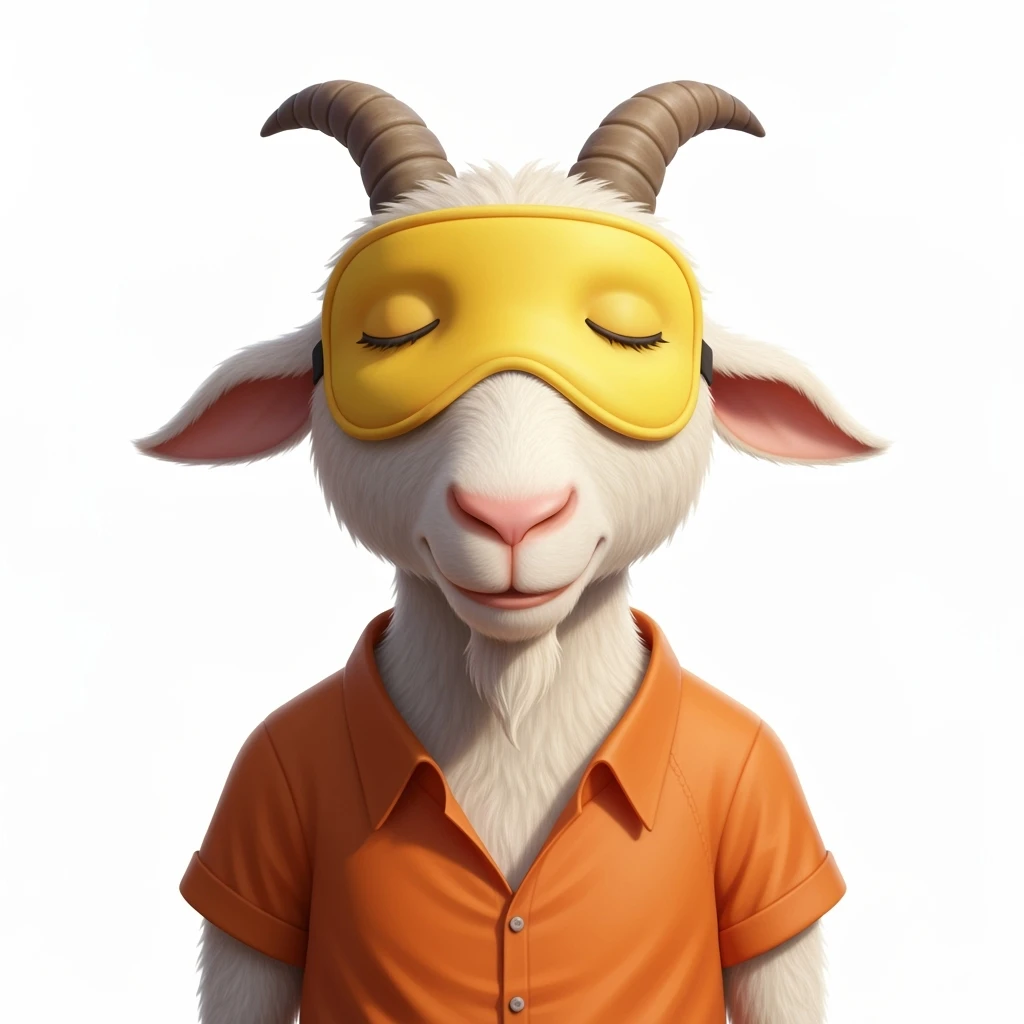 a goat with yellow sleep mask and wearing shirt, front view,  Frontal Top-Down Soft Light, white background, portrait, casual cartoon stylized emoji