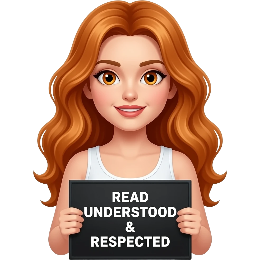 sexy girl with long wavy ginger hair and ginger eyes wearing a white tanktop is holding a black colored sign with READ UNDERSTOOD & RESPECTED written on it emoji