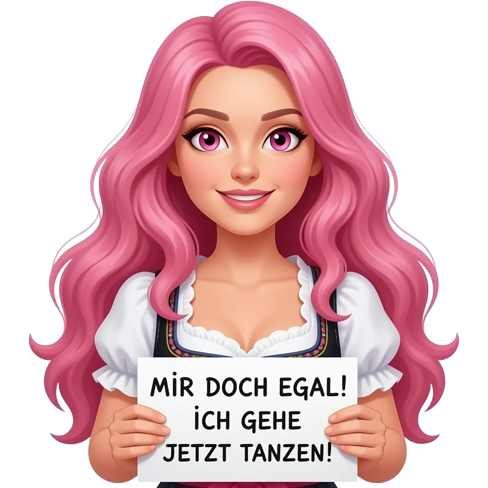 sexy girl with long pink hair and pink eyes wearing a dirndl holding a MIR DOCH EGAL! ICH GEHE JETZT TANZEN! sign emoji