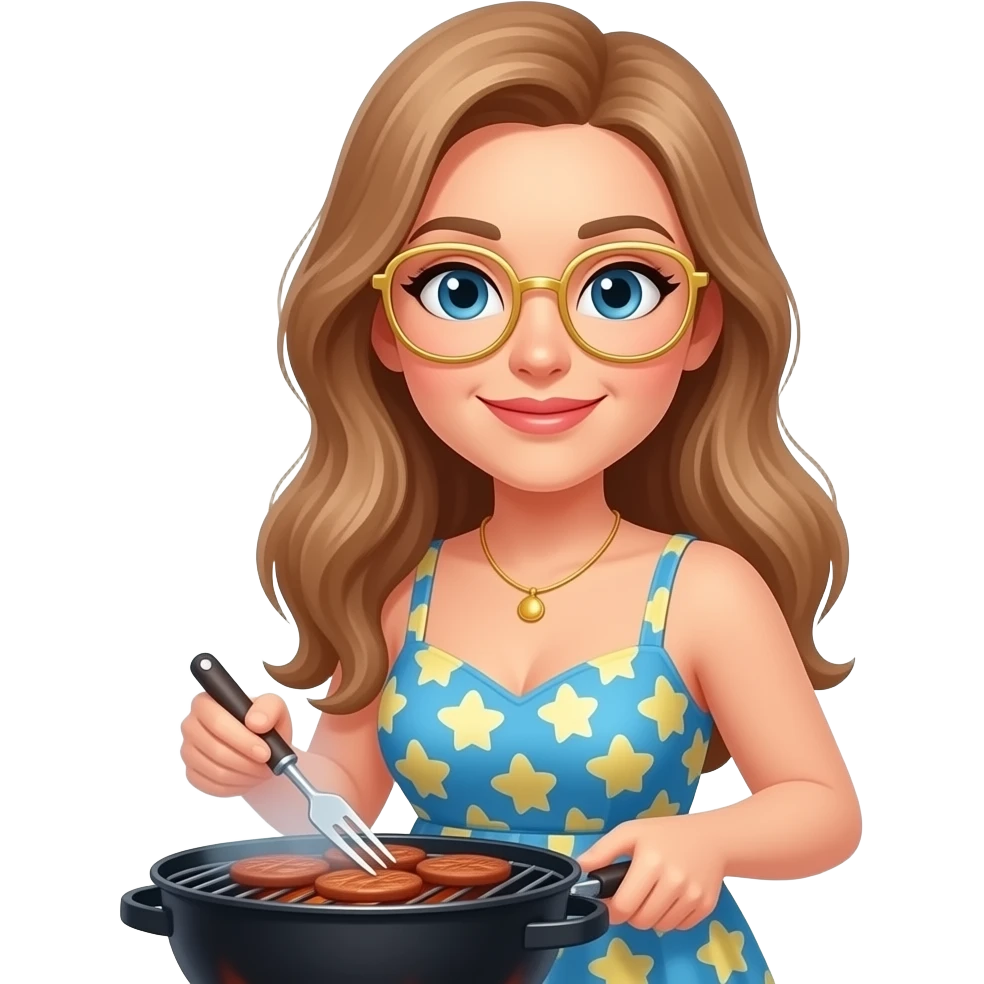 adult female wearing summer dress with long light brown hair and gold rimmed glasses grilling outside emoji