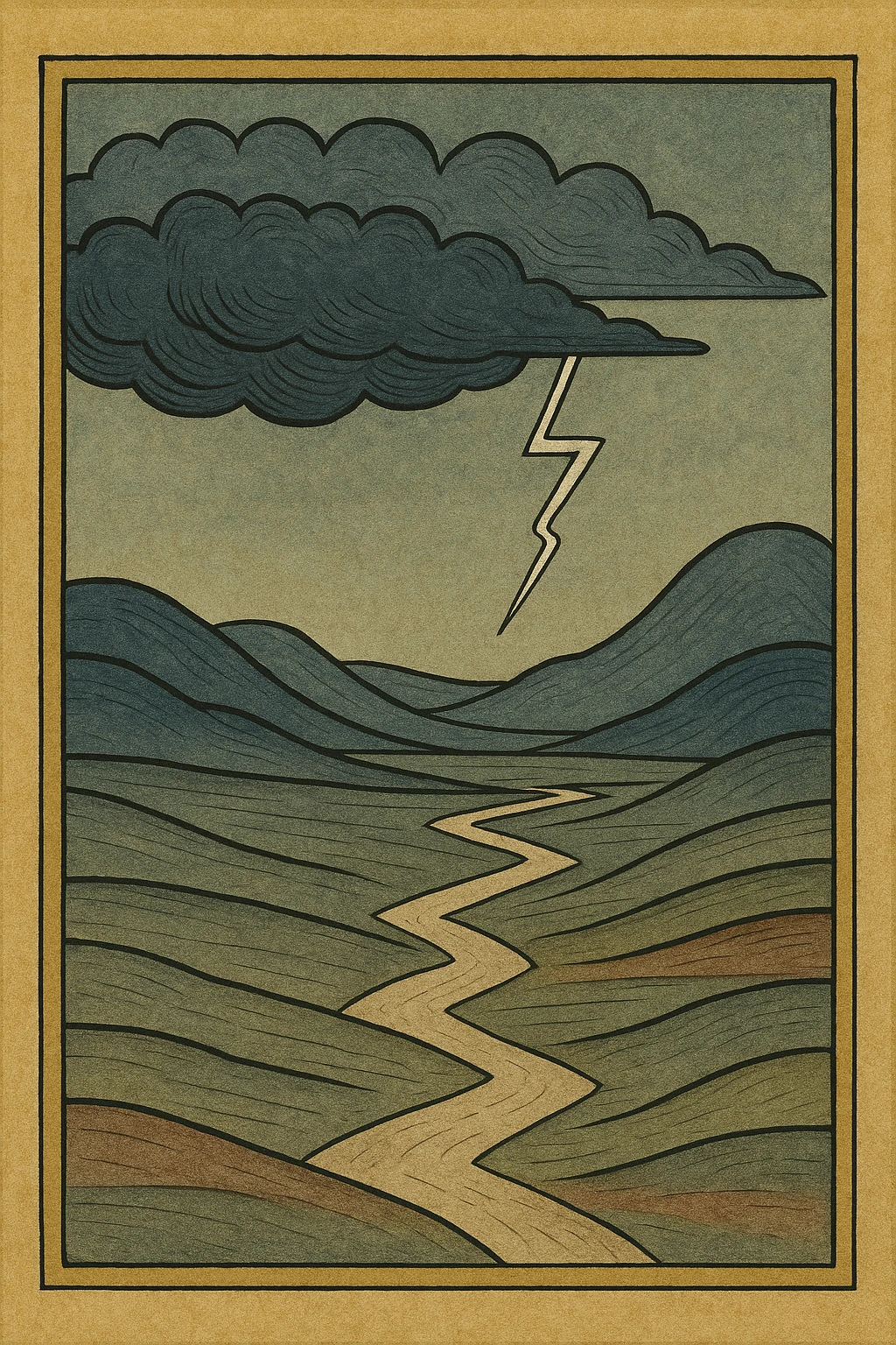 Add an ornate frame and increase the level of detail in the landscape painting, preserving the desolate valley, distant lightning, and heavy clouds. Enhance the intricate textures and depth to evoke a medieval art style with rich, atmospheric elements. emoji