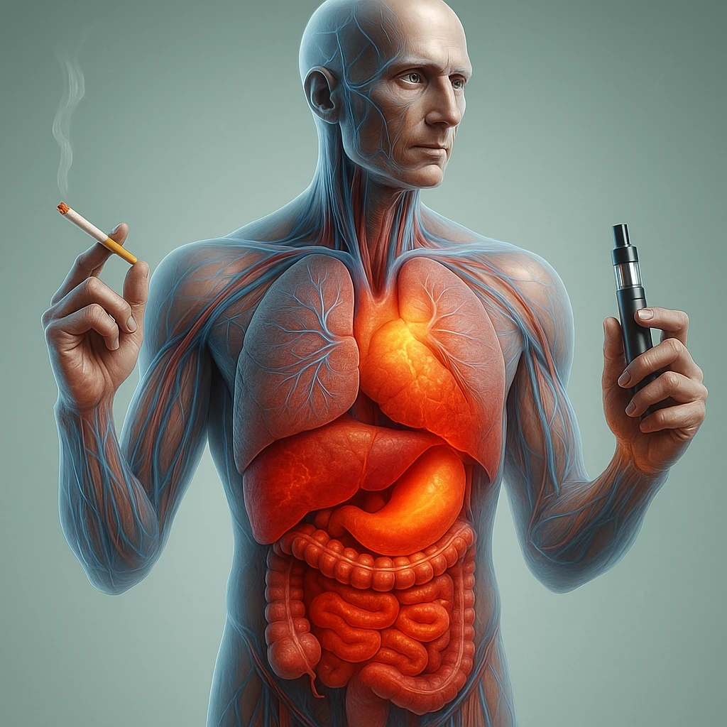 Medical illustration, hyperrealistic 4K, realistic anatomical human body, inflamed liver and intestine highlighted, holding a lit normal cigarette in the right hand and an electronic cigarette in the left hand, clear background, extremely detailed, same lighting and style as the reference image. emoji