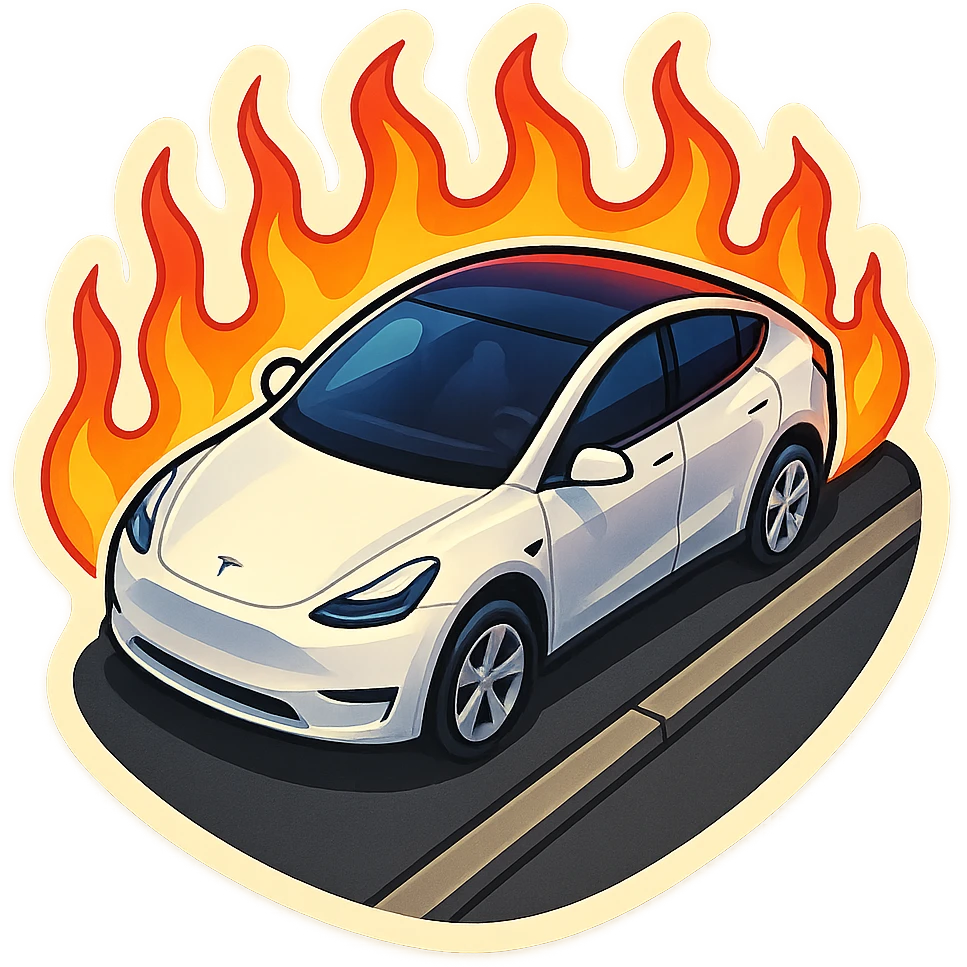 A Tesla Model Y parallel parking at a curb, from above, with fire around emoji