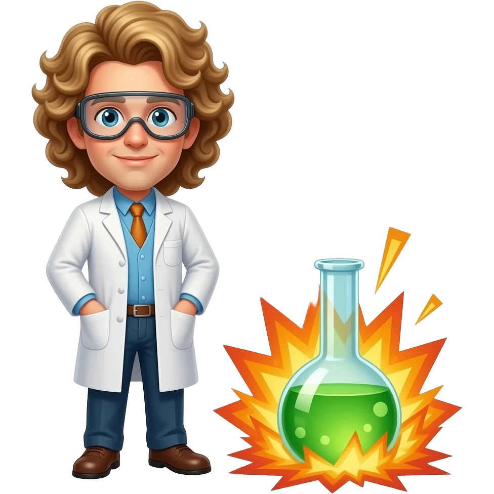 male scientist with curly, long blond hair with googles experiencing a flask explosion emoji