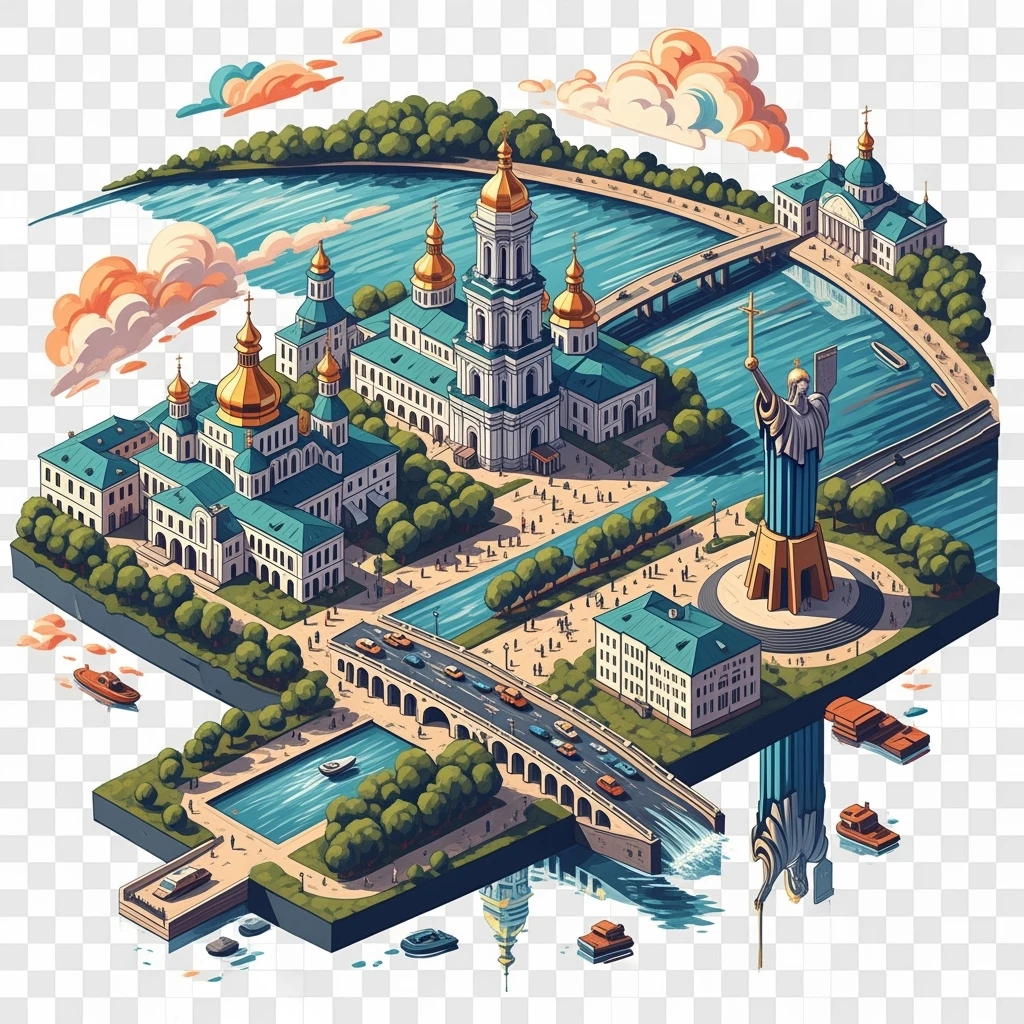 Isometric illustration of photorealistic Kyiv, balanced between paint stylized and realistic, 3D miniature effect, transparent background. emoji