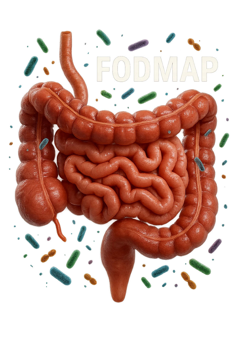 intestino umano anatomico con parole FODMAP CHE GLI FLUTTUANO INTORNO INSIEME A BATTERI INTESTINALI, iperrealistica 4k emoji