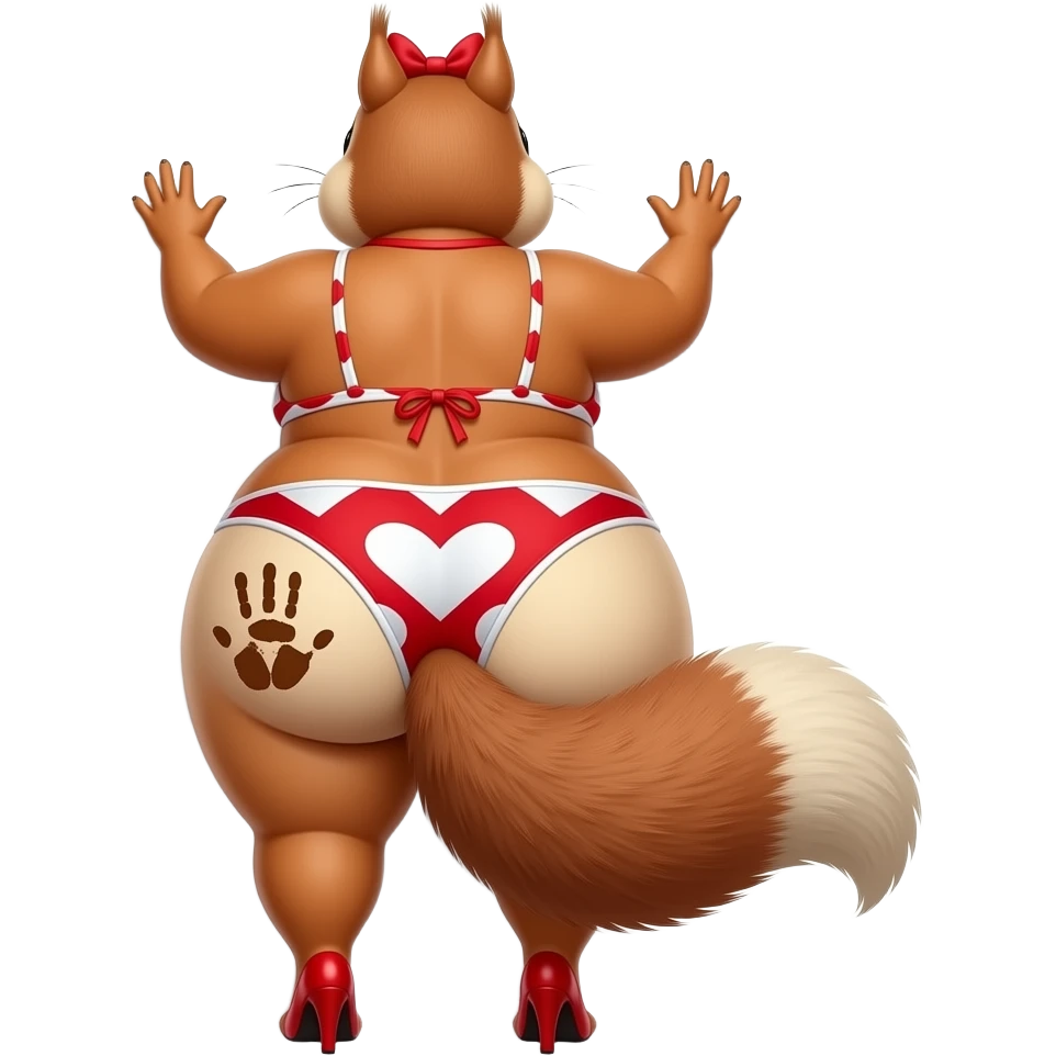 A tall really extremely obese heart shaped red and white bikini big booty bbl squirrel showing back its massively big thighs and buttocks while putting her hands behind the wall and it has a brown colored hand print on her left buttocks and it with a red bow tie on her head wearing red high heels emoji