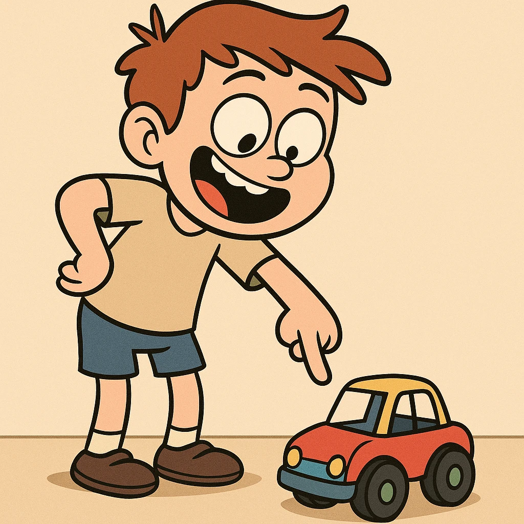 a boy pointing down at his toy, playful cartoon style emoji