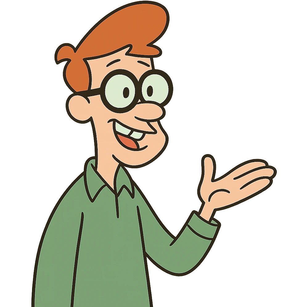 Carl Chryniszzswics from Johnny Bravo, nerdy friend with glasses, red hair, green shirt, cartoon style emoji