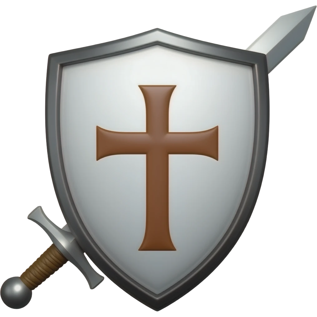 un escudo blanco con bordes negro y una cruz cafe y una espada de acero por detras con un mango en cruz emoji