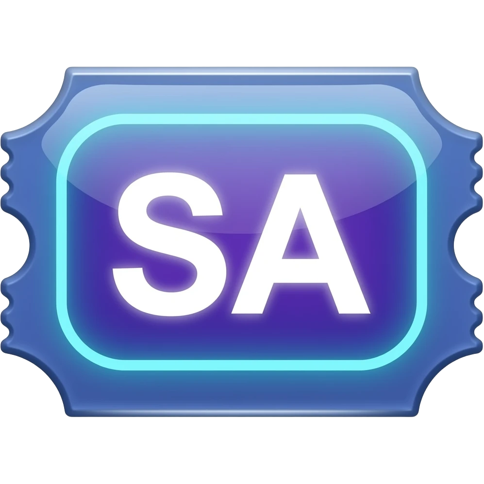 Neon blue and purple ticket with SA letters emoji