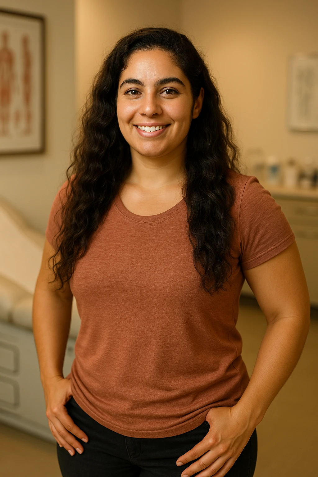 woman with PCOS, healthy and well-groomed appearance thanks to balanced diet, glowing skin, thick hair, energetic posture, clinical environment, realistic details, warm lighting, vertical 2:3 aspect ratio, no text emoji