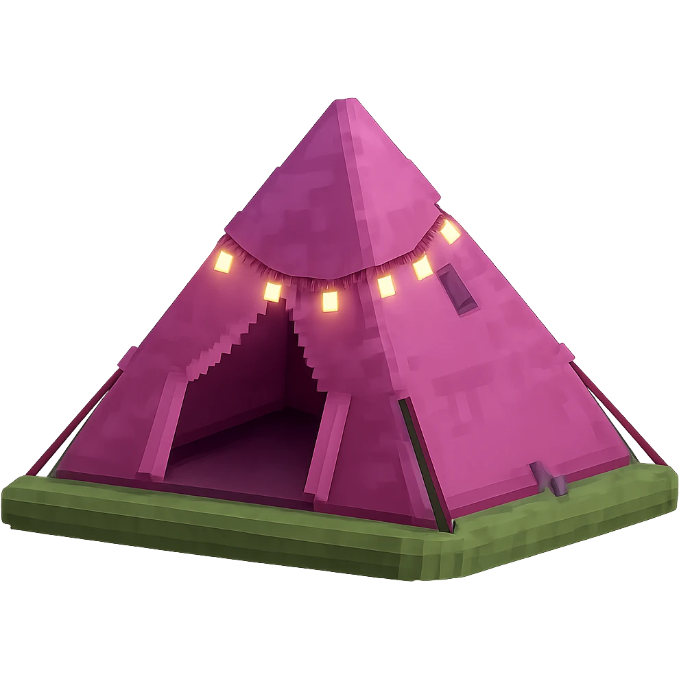 Add fairy lights draped over the tent, keeping the pink 3D cozy modern low poly style, with a soft glow and no background. emoji