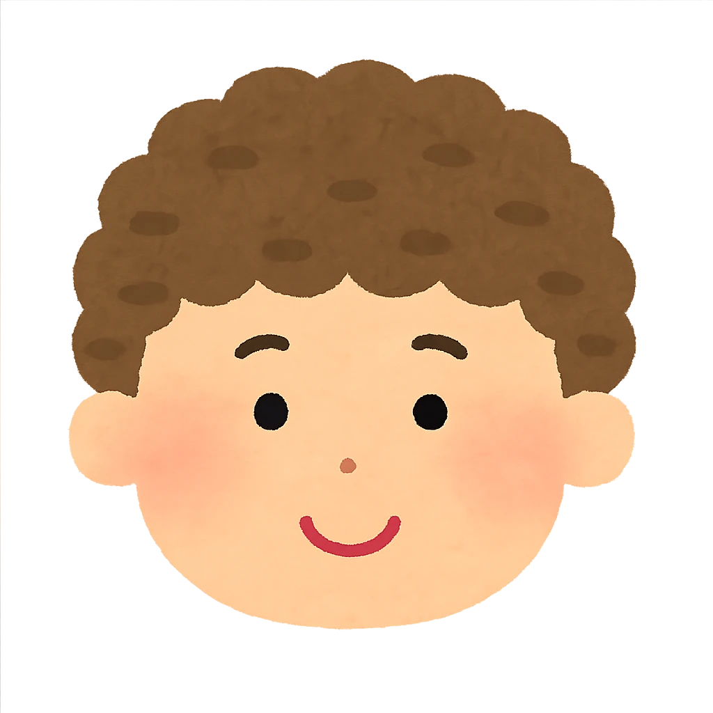 Irasutoya style head, round face, soft colors, simple features, friendly expression, short curly hair, no neck emoji
