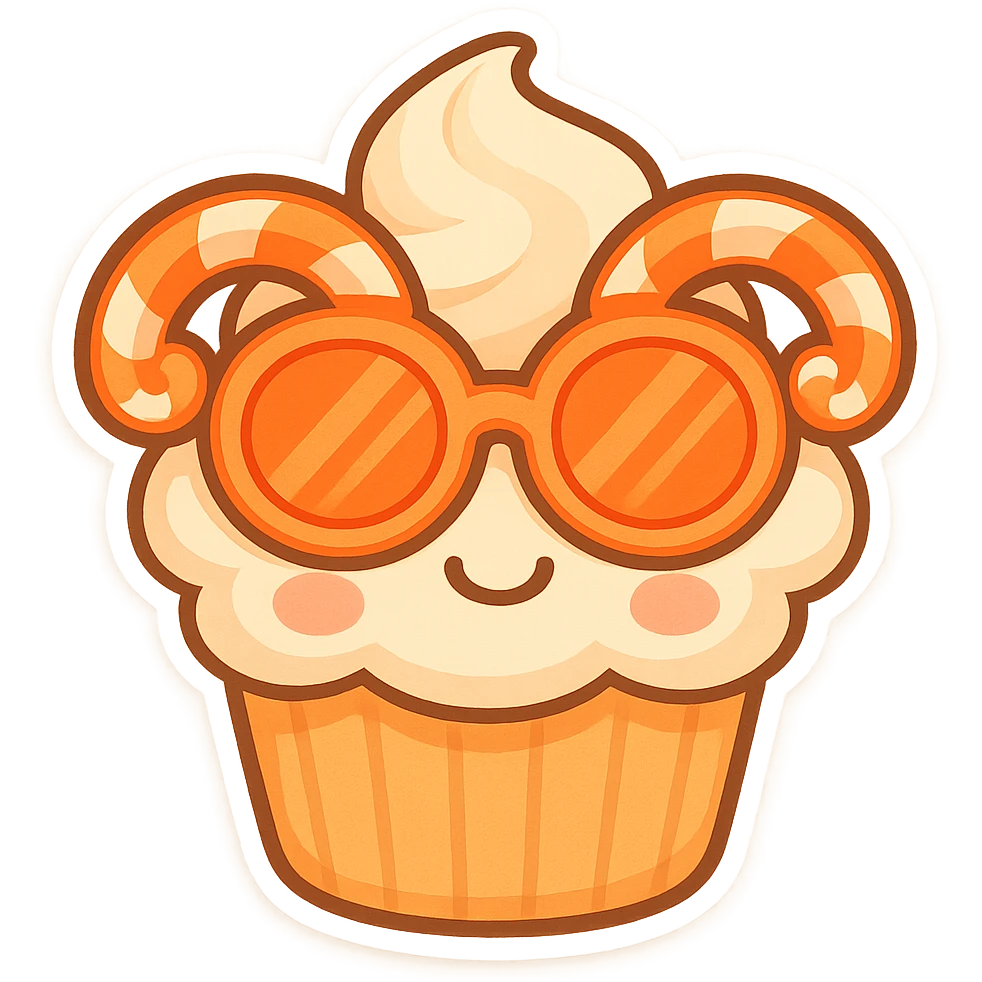 A cute cupcake with neon orange sugar cane sunglasses, the glasses are oversized and candy-like, cheerful and eye-catching, cute chibi stickers style emoji