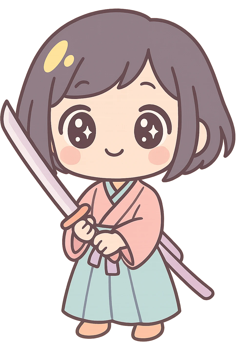 chibi style kawaii samurai girl with short hair and one streak of blonde in her hair, cute expression, holding a katana, pastel colors, soft shading emoji