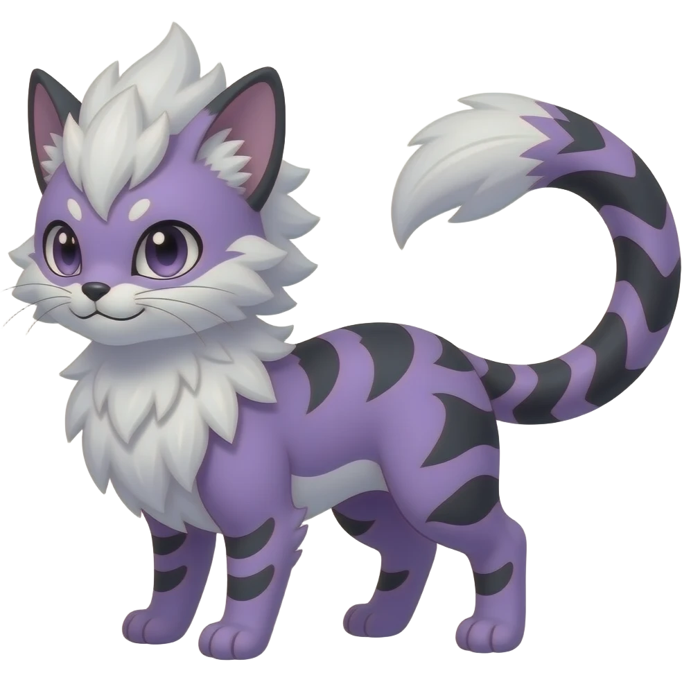 Furry, feathery feather-maned fluffy tropical flecked painted feathery scaly, Purple, white, black, Minccino-Bambino-Lykoi-Linoone-Zangoose-fusion-hybrid-animal-Fakémon-creature, full body, thin long sleek scaly tail, intricate markings emoji