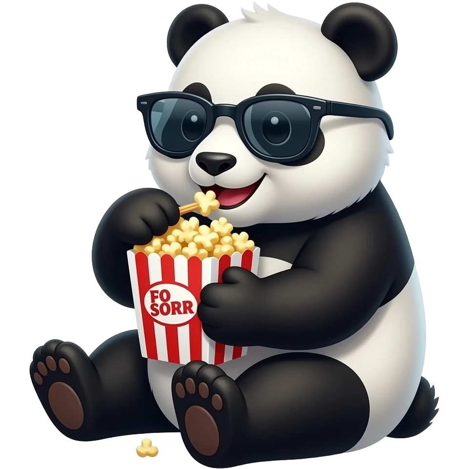 Panda sitting down sideways wearing sunglasses eating a bag of popcorn emoji