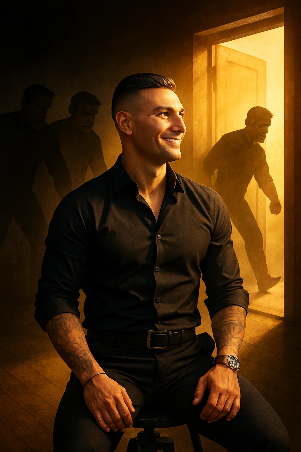 a man stands confidently in a sunlit room, facing away from a group of dark, shadowy figures with harsh or angry expressions who are walking out the door. The man’s posture is upright and relaxed, his face calm and relieved. Warm light fills the space, symbolizing his newfound peace and positivity. emoji