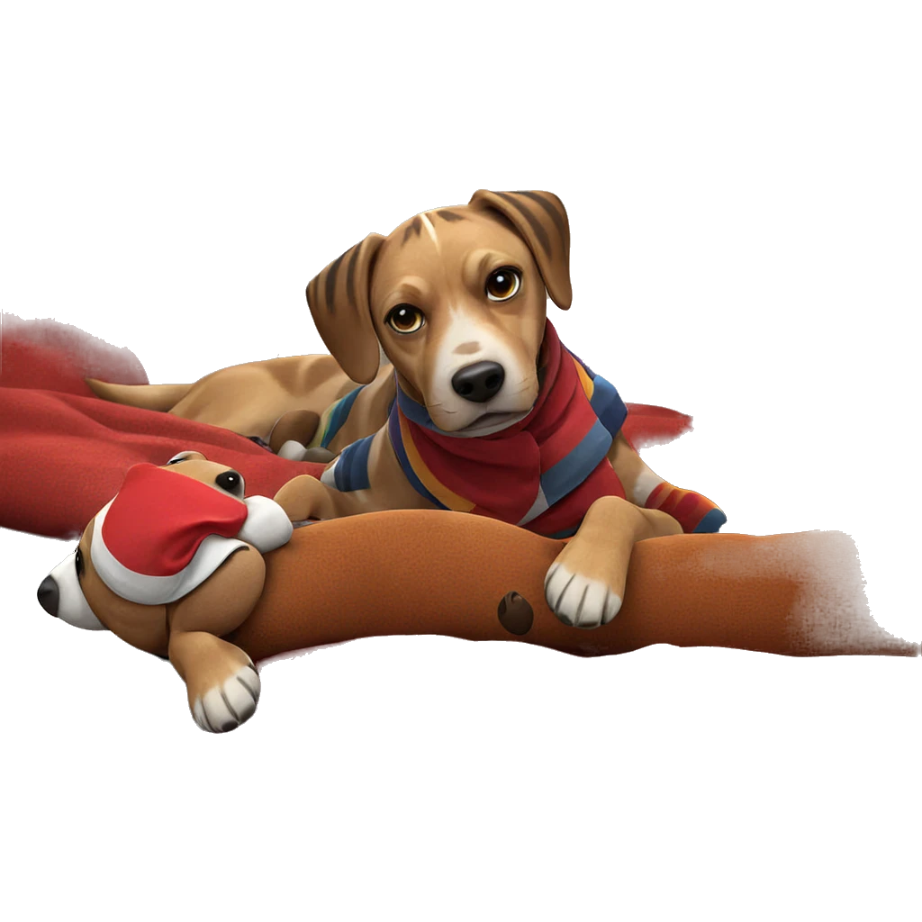 dog with striped scarf on couch emoji