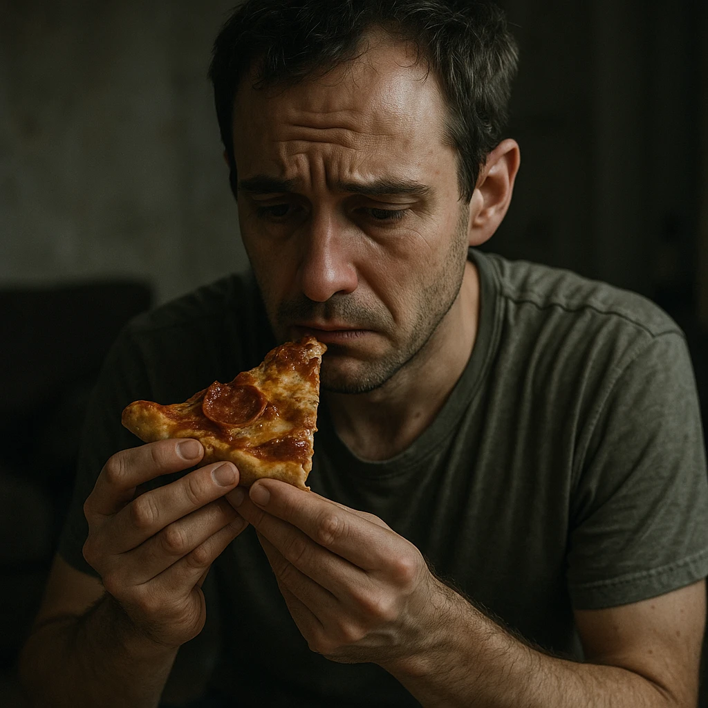hyperrealistic man eating a slice of pizza, his face and body language express strong guilt, tense expression, downcast or worried gaze, realistic environment, detailed, intense atmosphere emoji