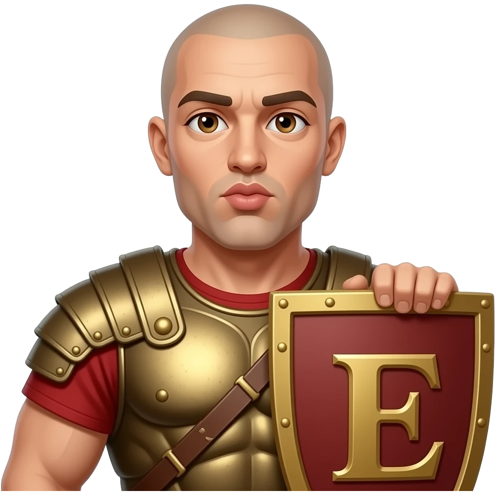 Muscular Roman soldier bald with brown eyes blowing a kiss the Letter E on the shield emoji
