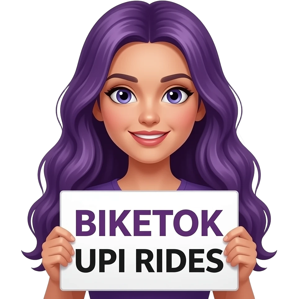 sexy girl with long purple hair holding a BIKETOK UPI RIDES sign emoji
