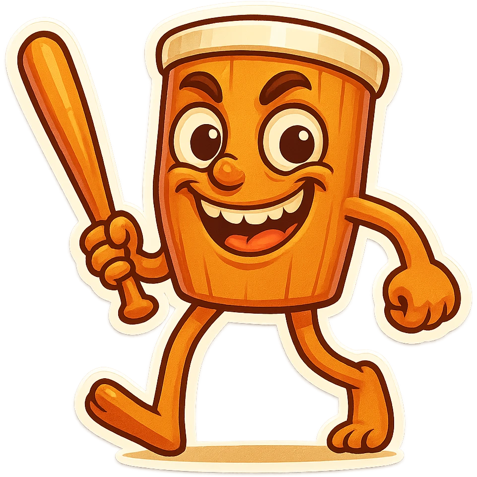  image of absurd wooden stick-man creature, drum-like cylindrical body, holding baseball bat, cartoon style, bright vivid colors, expressive face, dynamic pose, a bit creepy yet funny,  emoji