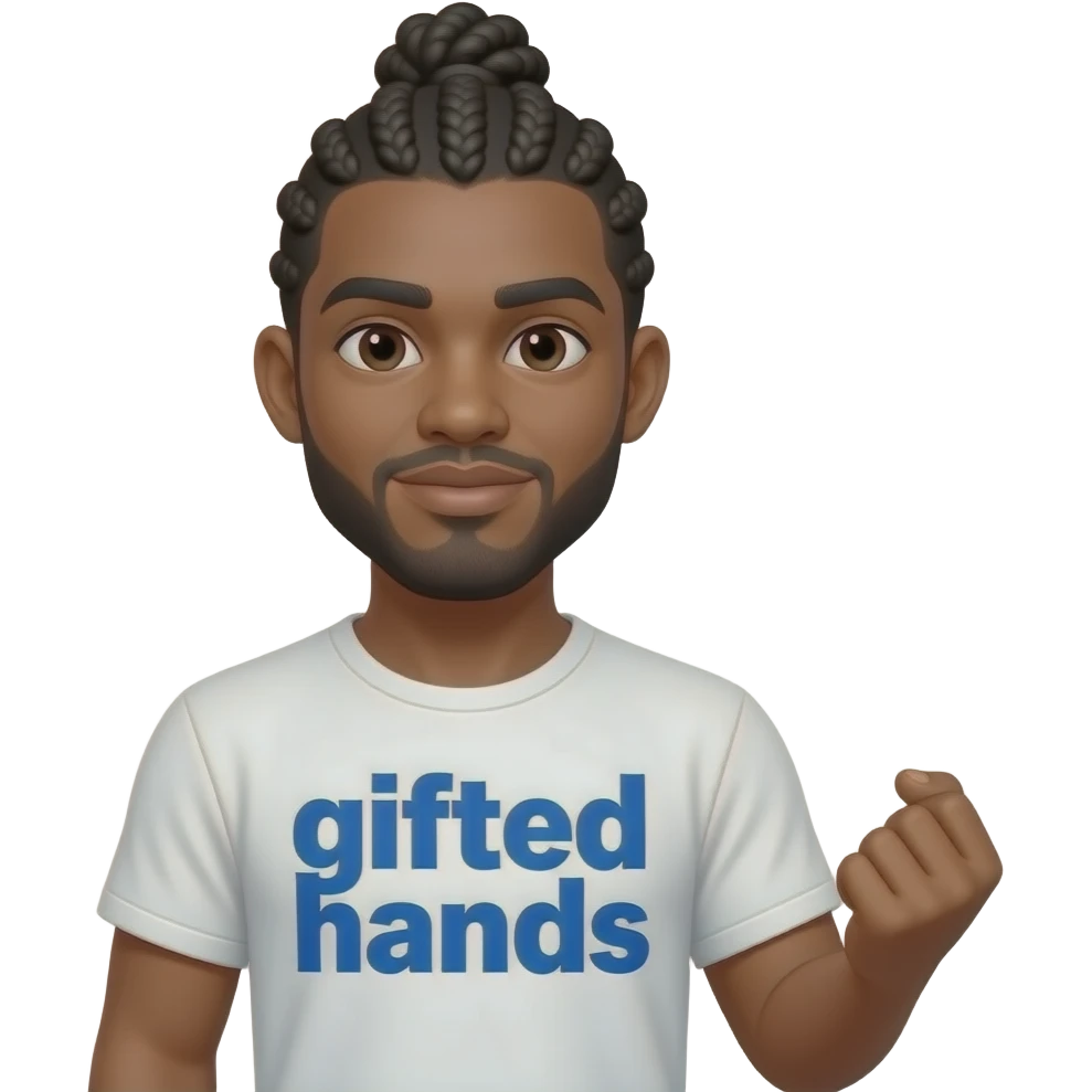 African American man with missing left arm and right arm missing a hand with cornrow braids into a man bun wearing a white shit that says gifted hands in bold blue letters emoji