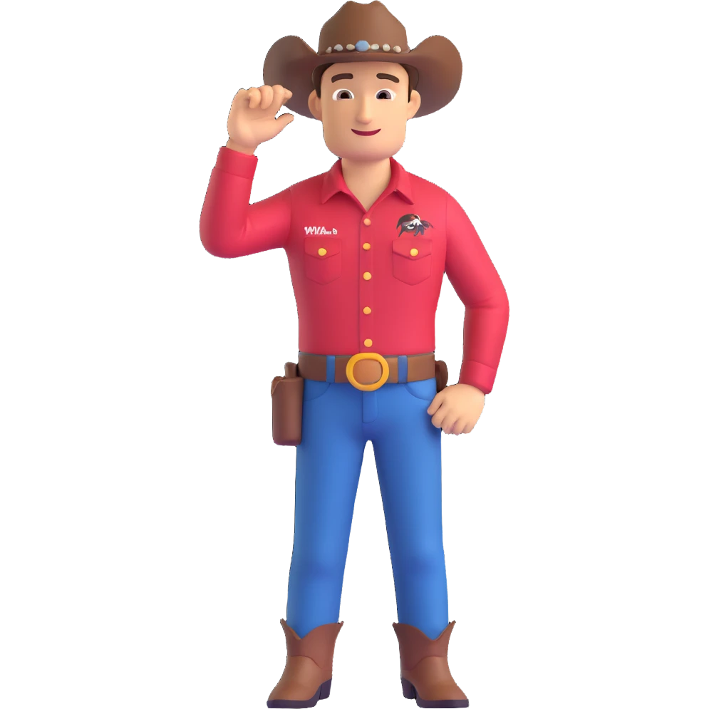 cowboy tipping hat wearing Jurassic Park shirt with logo, standing confidently, friendly expression emoji