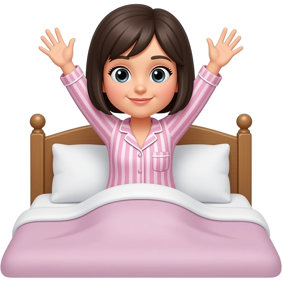 chica levantadose de la cama, levantando los brazos, con pijama puesta color rosa y rayas, de cabello oscuro y corto emoji