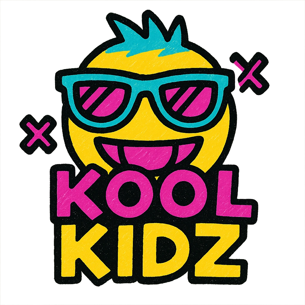 emoji with the text 'KOOL KIDZ' in playful and bold style with decorative crosses emoji
