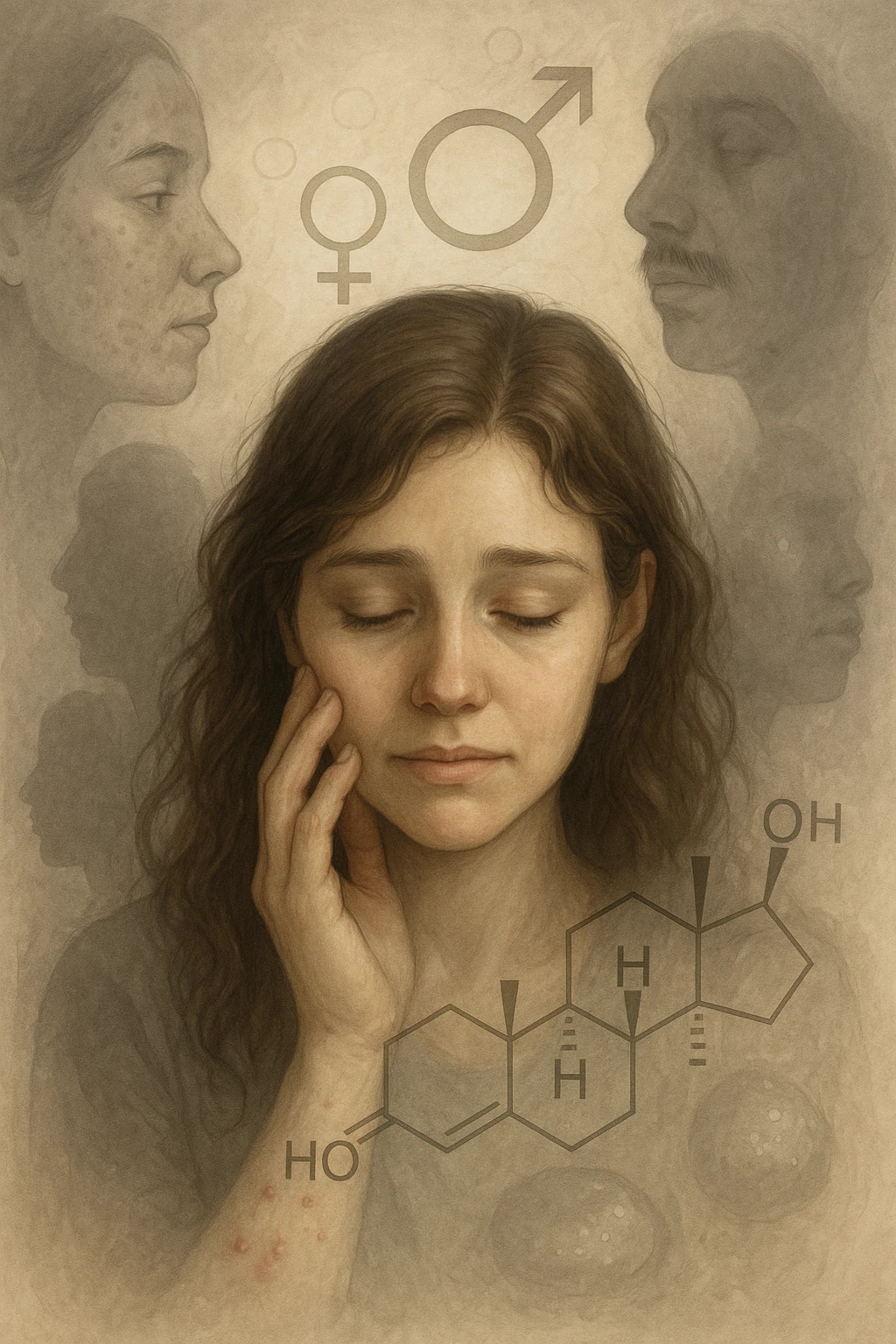 A young woman is surrounded by faint overlays of hormonal symbols and androgen molecules, with shadowy images of acne, facial hair, and oily skin projected around her, symbolizing the symptoms of PCOS with androgen excess. She looks down, gently touching her face with a resigned but hopeful expression, symbolizing her journey toward managing these symptoms. emoji