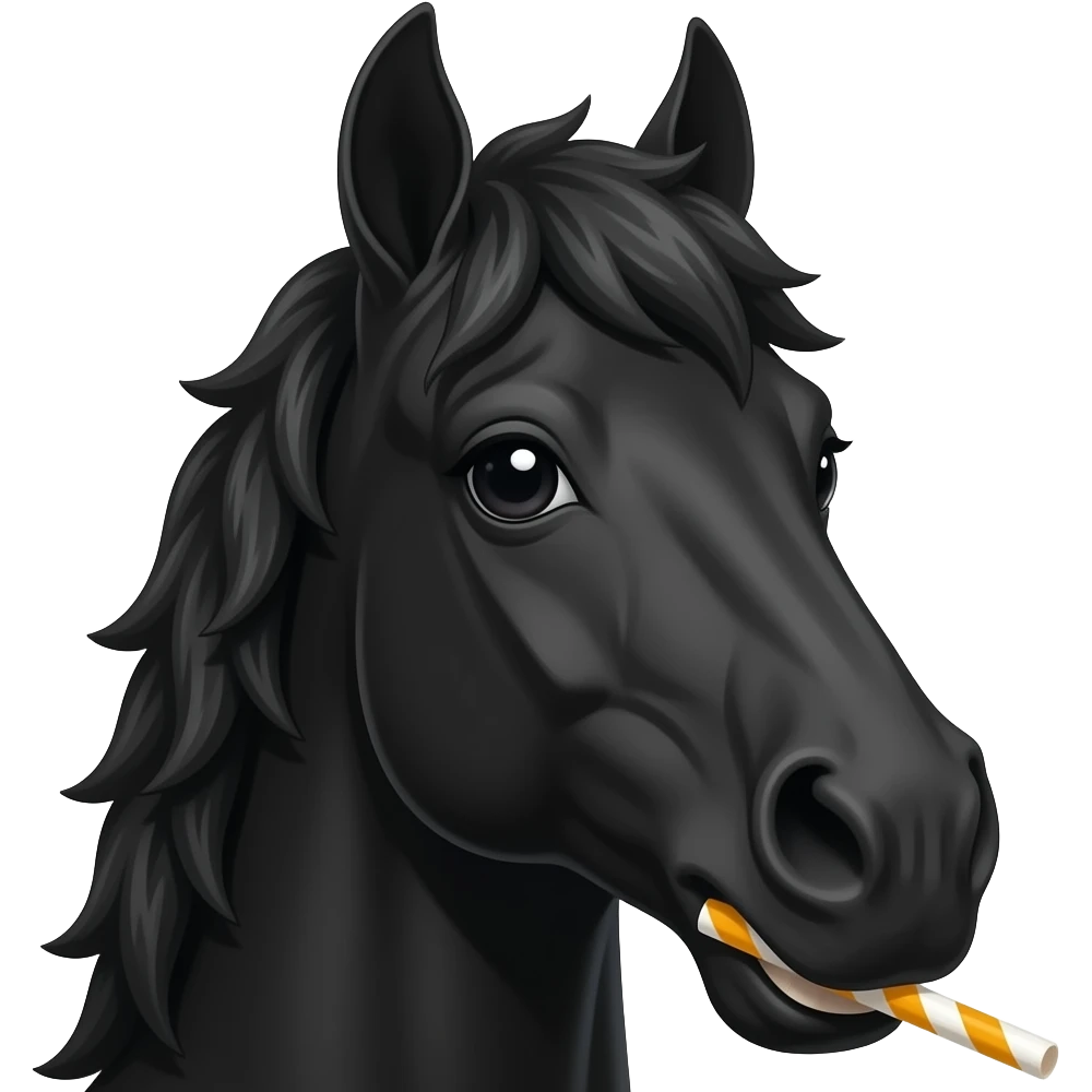 a black horse with gront view closse up holding a juice cane and drinking emoji