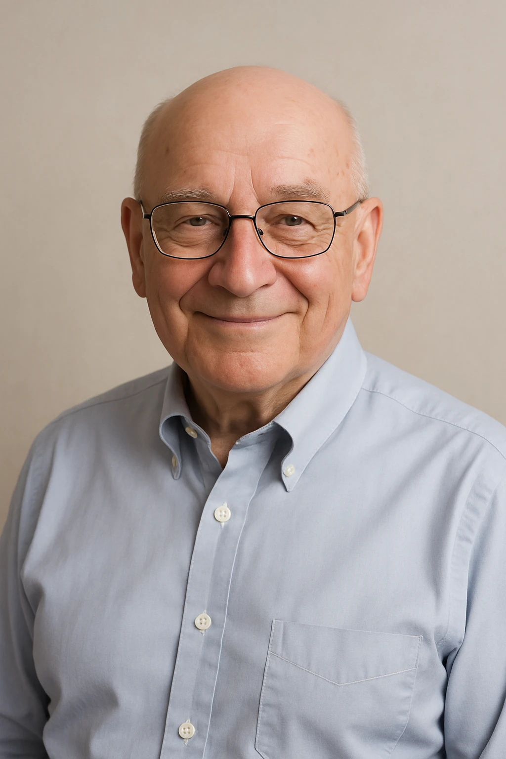old bald professional man, glasses, formal shirt, friendly demeanor, simple background emoji