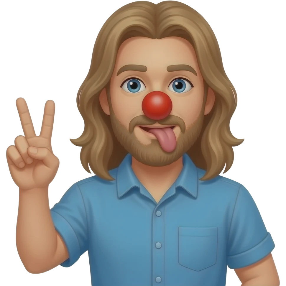 Very long light Brown hair behind the back on a man in blue shirt throwing a peace sign with beard Licking butt with red foam clown nose in Apple person emoji format emoji