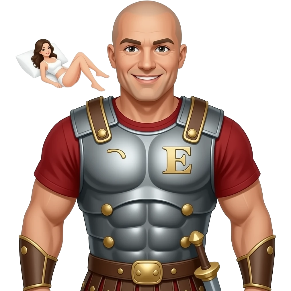 Muscular Roman soldier bald brown eyes smiling letter E on breast plate with brunette women in bed legs open emoji