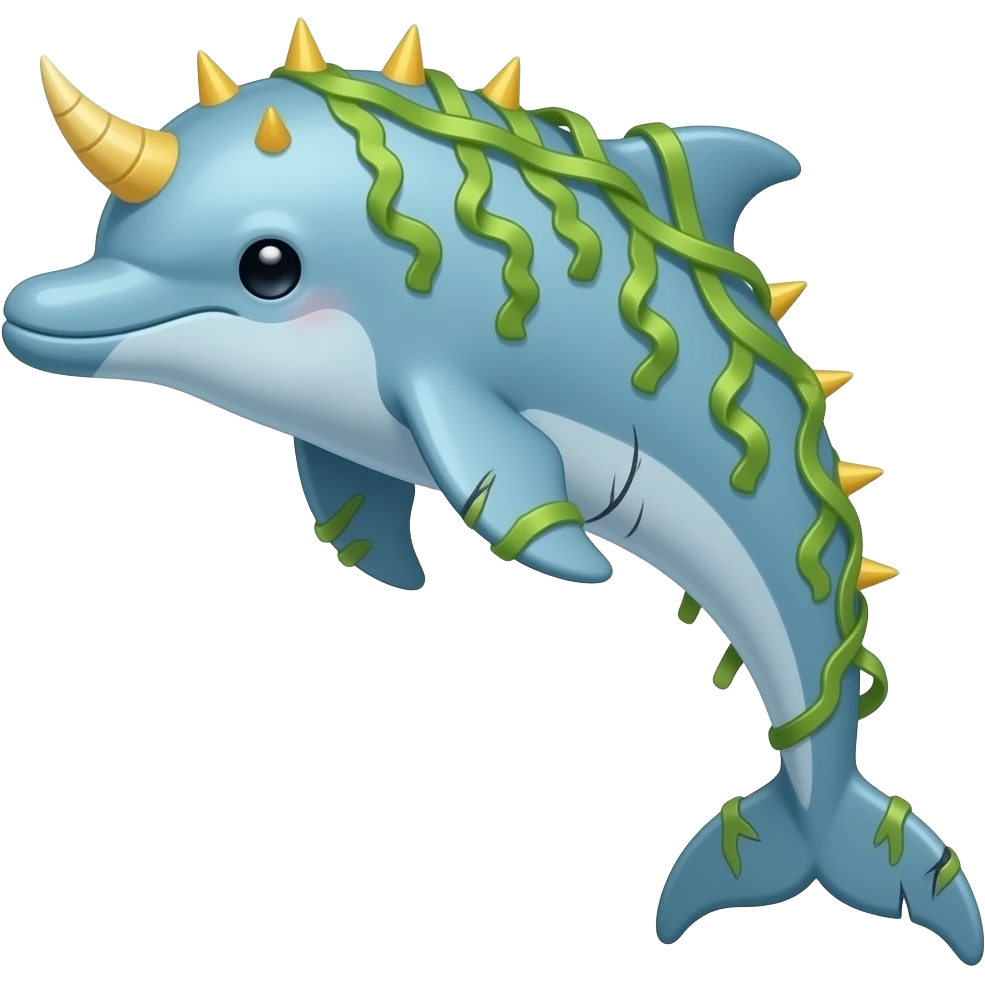 Kelphin A graceful light blue dolphin creature covered in ribbon-like seaweed with spikes and a horn. Pitch black eyes, yellow spikes, scarred tail and fins. covered in scars. emoji